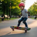 Young child happily cruising on a Sangde Easy Way 31” skateboard in a park with safety gear
