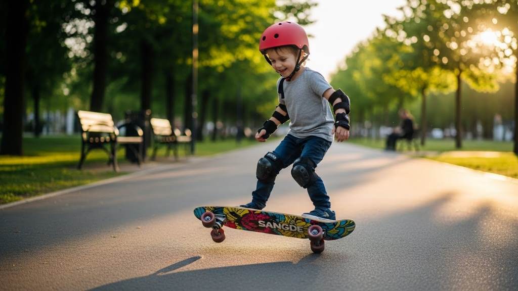 Young child happily cruising on a Sangde Easy Way 31” skateboard in a park with safety gear