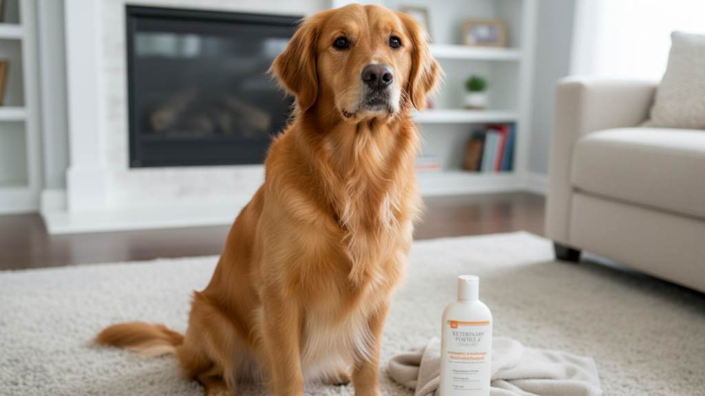 dog's healthy coat after using antibacterial and antifungal shampoo for skin care