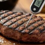 Digital instant read thermometer inserted into grilled steak showing internal temperature on LCD display