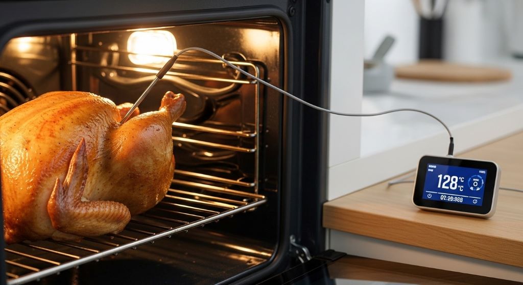 Wireless probe thermometer monitoring whole roasted chicken in oven with cable connected to external display unit