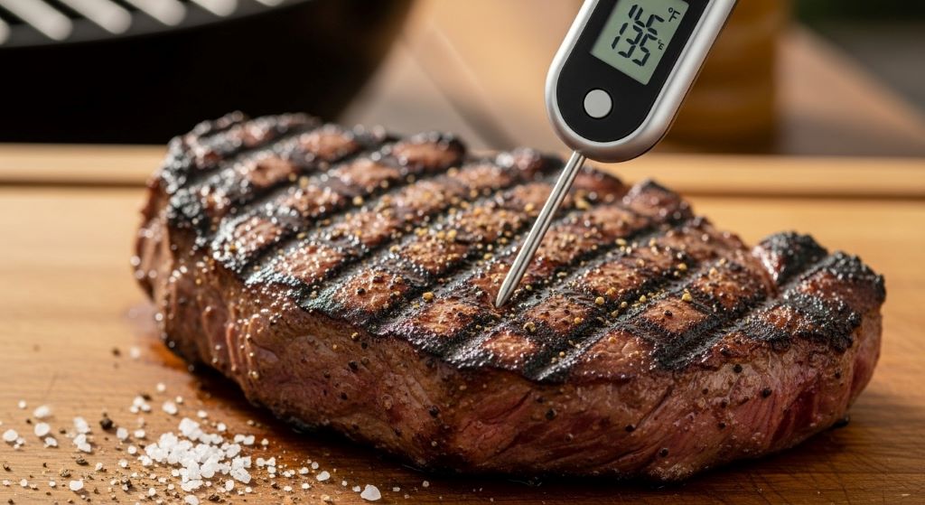 Digital instant read thermometer inserted into grilled steak showing internal temperature on LCD display