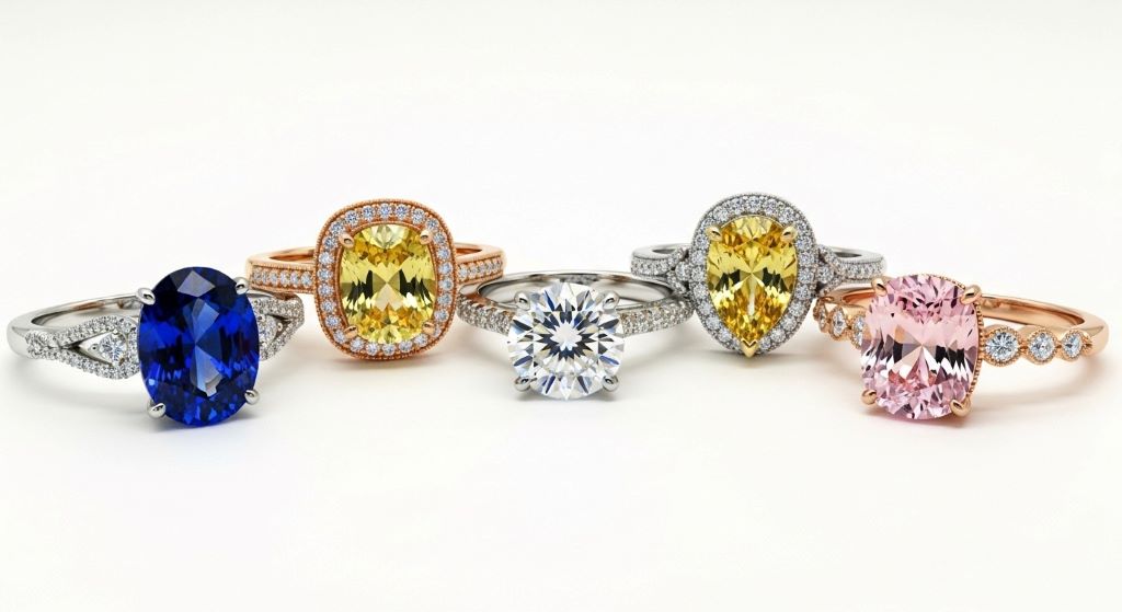Colorful alternative gemstone engagement rings displayed on white background showing moissanite sapphire and morganite options
