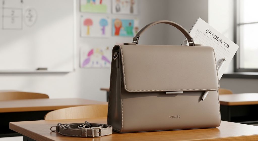 Elegant minimalist work bag in neutral color suitable for teachers and education professionals in school setting