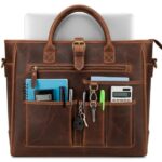 Professional leather teacher tote bag with laptop compartment and organized interior pockets for classroom materials