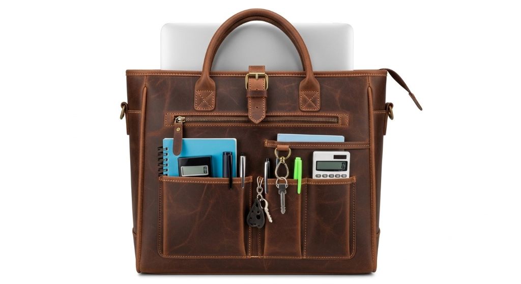 Professional leather teacher tote bag with laptop compartment and organized interior pockets for classroom materials