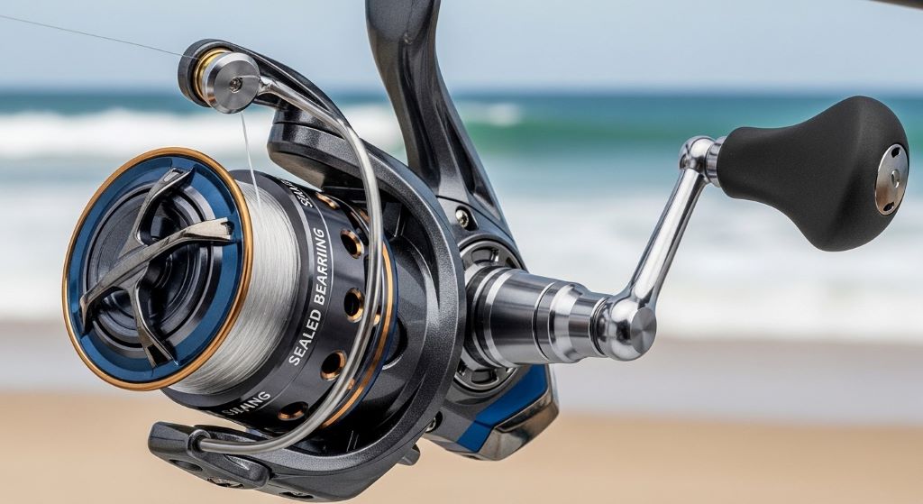 Close-up of high-quality surf fishing spinning reel showing sealed bearings and anti-corrosion construction designed for saltwater use