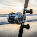 Saltwater spinning reel with corrosion resistant coating and sealed drag system mounted on surf fishing rod at the beach