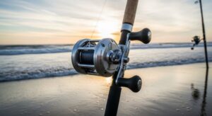 Saltwater spinning reel with corrosion resistant coating and sealed drag system mounted on surf fishing rod at the beach