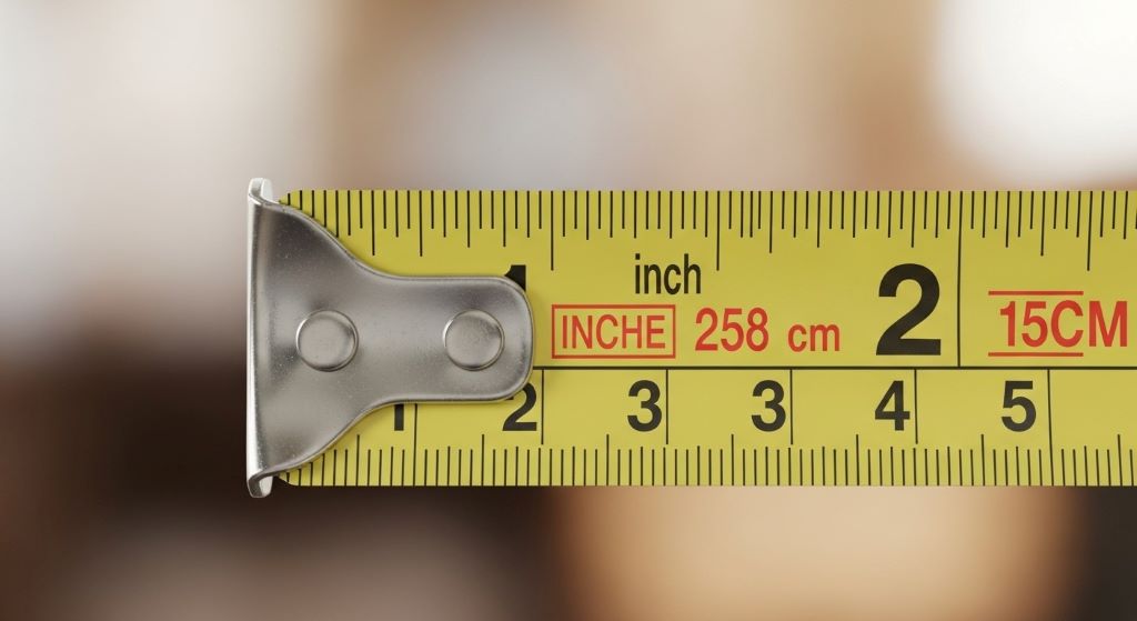 Close-up view of tape measure blade showing measurement markings and hook