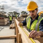 Professional contractor using extended tape measure on construction site