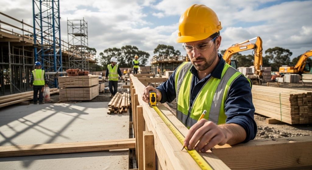 Professional contractor using extended tape measure on construction site
