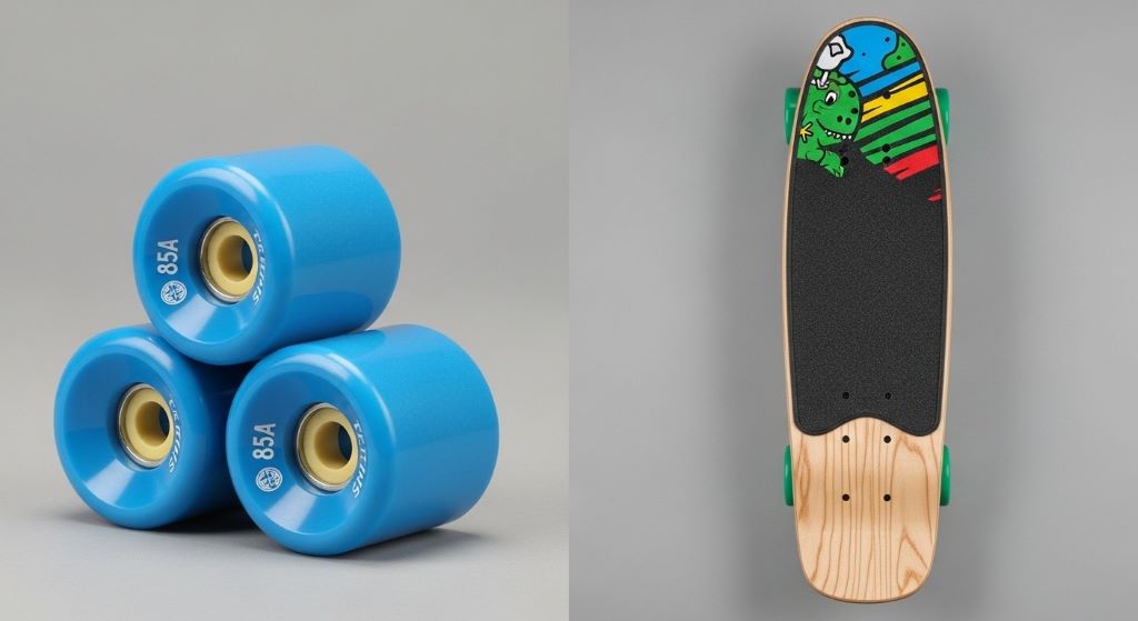 Side-by-side comparison of kids skateboard components including soft urethane wheels and a narrow maple deck for beginner riders