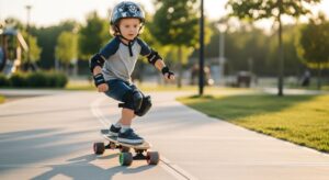 Young child riding a lightweight skateboard with soft wheels on a smooth concrete path while wearing a helmet and knee pads