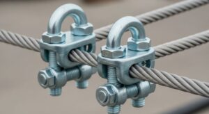 Wire rope clamps properly installed with correct spacing on steel cable showing U-bolt and saddle positioning