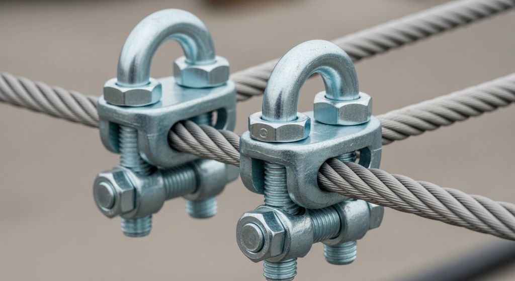 Wire rope clamps properly installed with correct spacing on steel cable showing U-bolt and saddle positioning