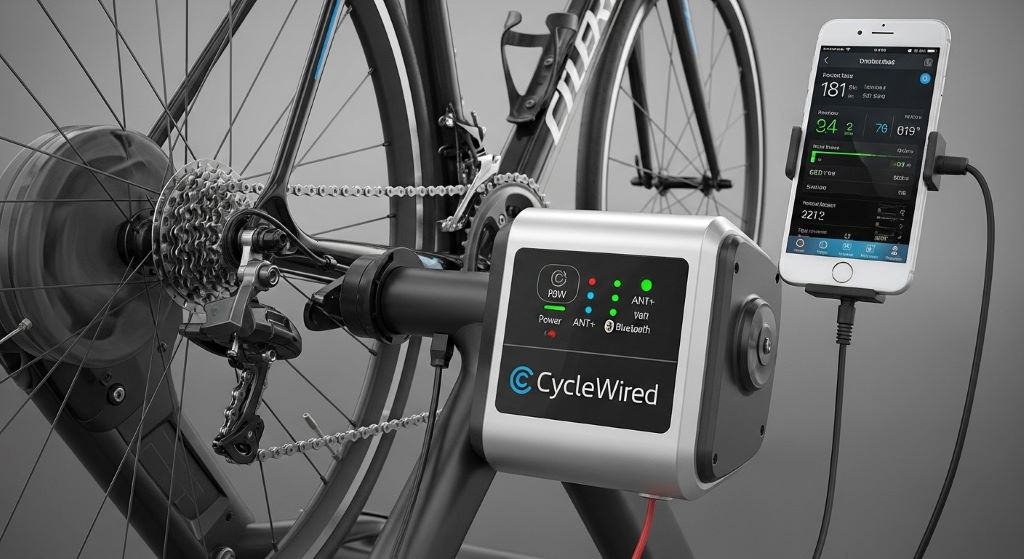 Direct-drive smart trainer with bicycle mounted showing electronic resistance unit and connectivity features for structured indoor workouts