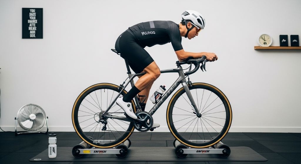 Cyclist riding on bike rollers demonstrating balance and proper form during indoor training session with three-drum roller setup