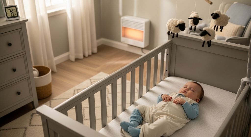 Baby sleeping peacefully in footed pajamas and sleep sack in properly heated nursery room during winter months for optimal comfort and safety