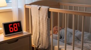 Digital room thermometer displaying 68 degrees next to baby crib with sleep sack hanging nearby for safe winter sleep temperature monitoring