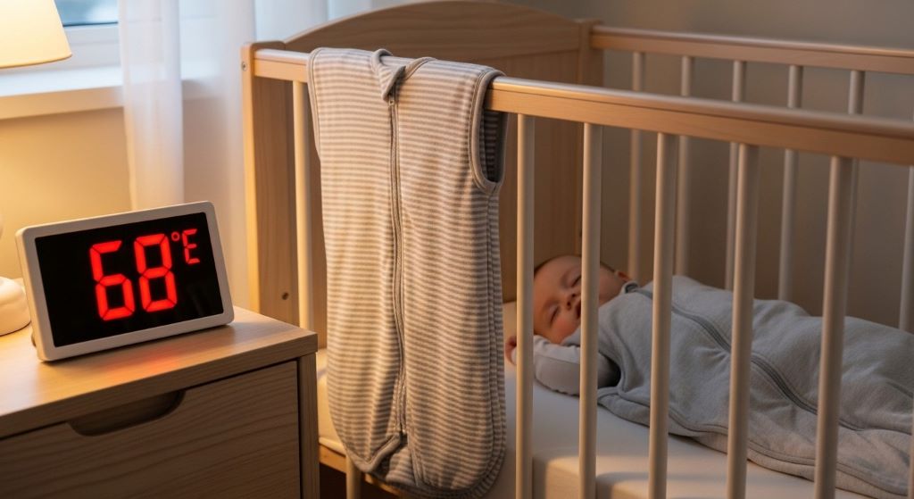 Digital room thermometer displaying 68 degrees next to baby crib with sleep sack hanging nearby for safe winter sleep temperature monitoring