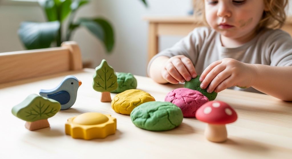 Child playing with eco-friendly homemade playdough and natural wooden toys painted with non-toxic plant-based colors