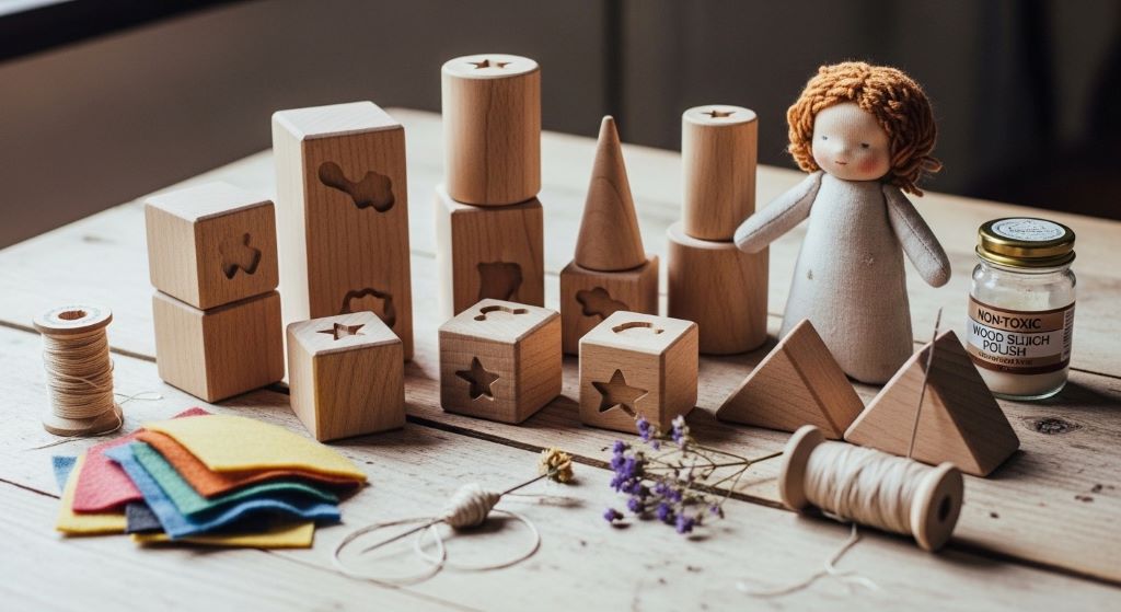 Handmade wooden toy blocks and soft fabric doll made from natural organic materials arranged on a wooden table with craft supplies
