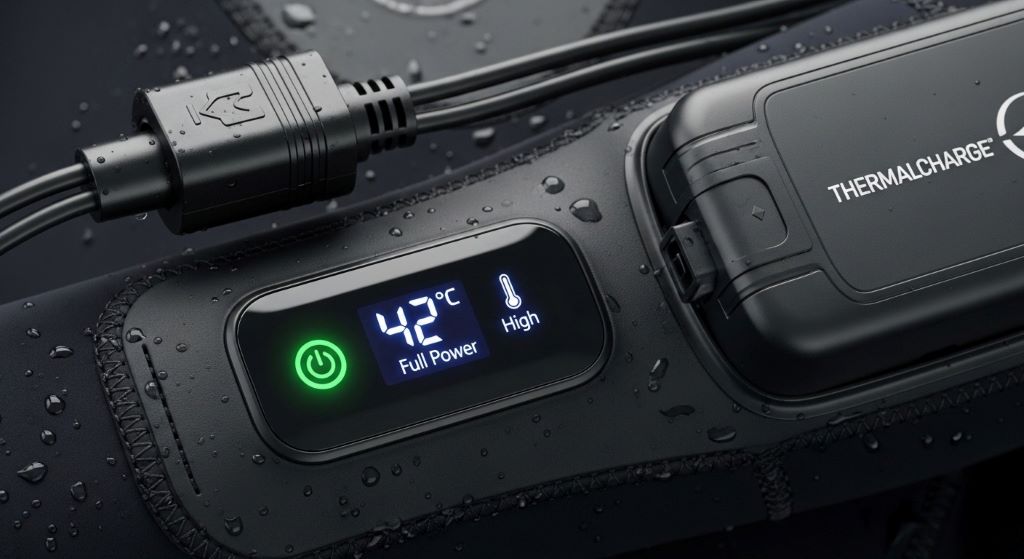 Close-up of heated wetsuit battery connection and control panel showing temperature settings and power indicator for long cold water sessions