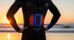 Surfer wearing battery powered wetsuit with rechargeable battery pack attached, demonstrating proper fit and heating system placement for cold water surfing