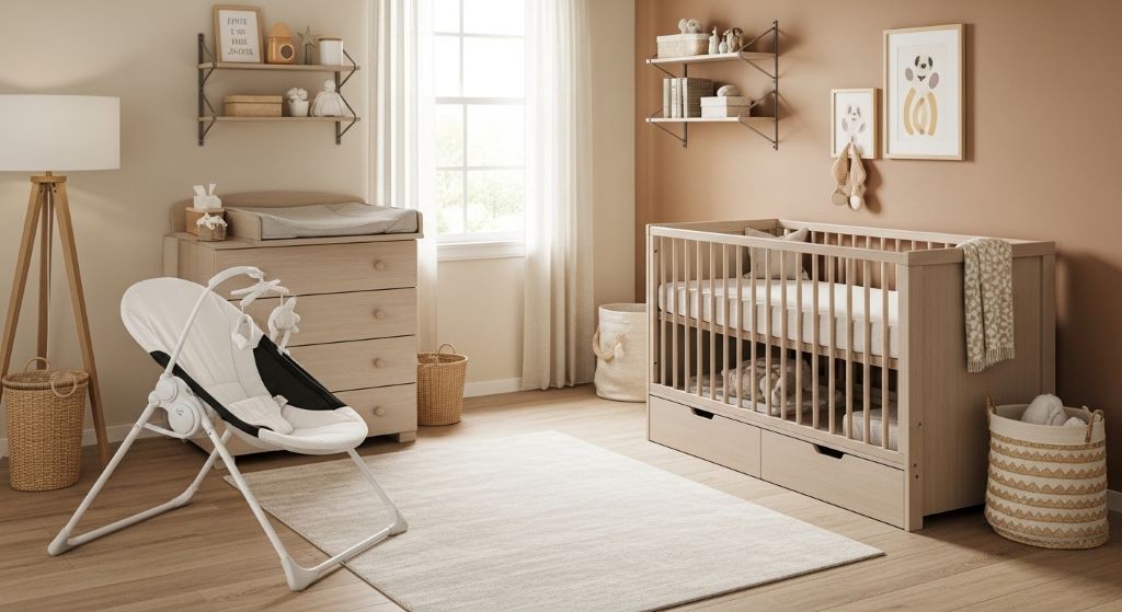 Lightweight foldable baby swing set up in corner of small nursery with efficient space-saving furniture arrangement