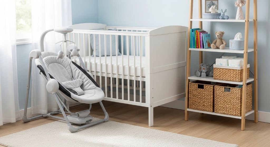 Compact portable baby swing folded flat for storage next to nursery crib in small room with organized shelving