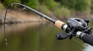 Modern baitcasting rod with micro-guides and ergonomic handle designed for bass fishing showing fast action tip bend