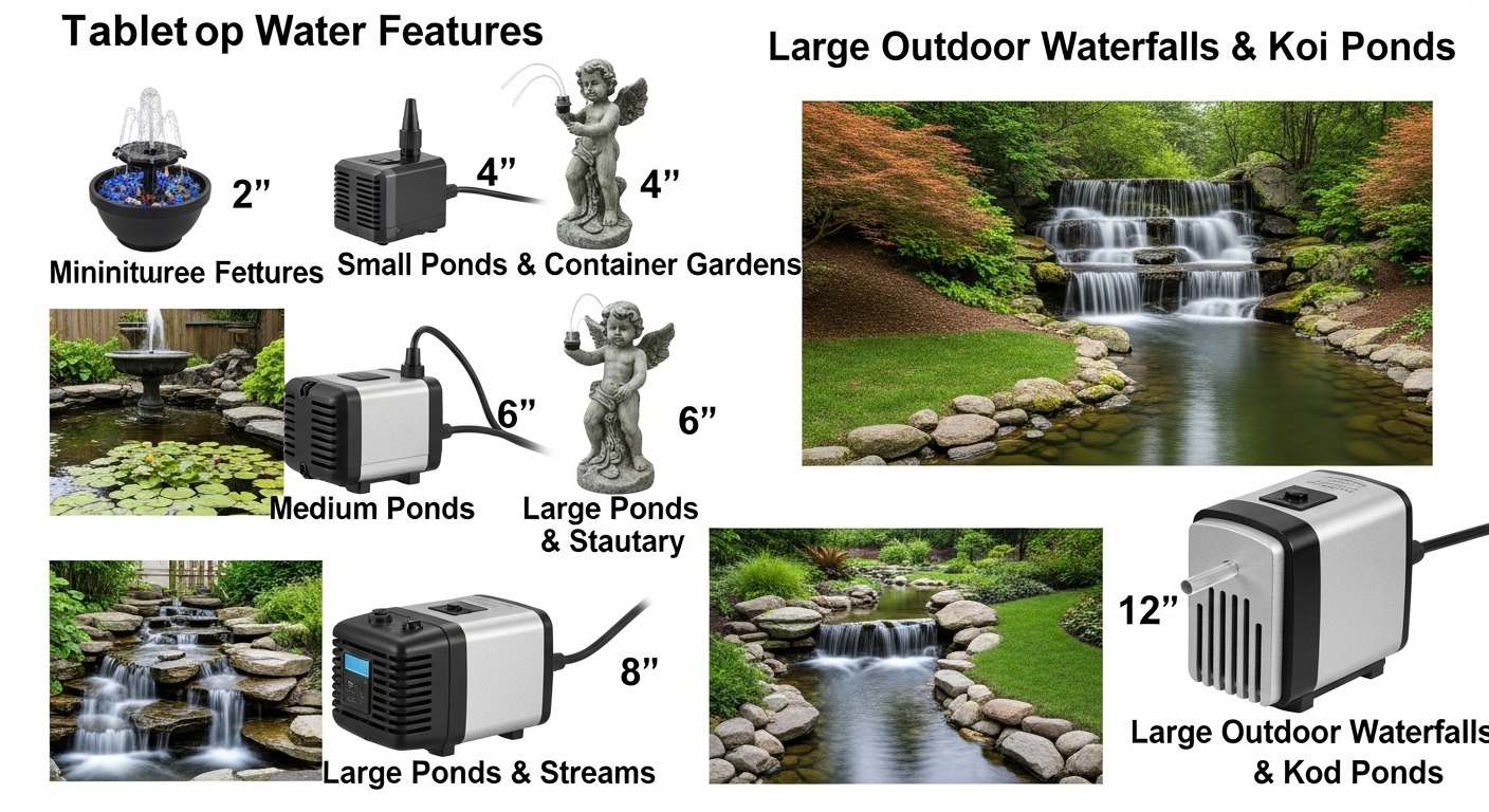 Comparison diagram showing different fountain pump sizes and their appropriate applications from small tabletop features to large outdoor waterfalls