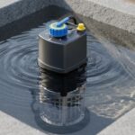 Submersible fountain pump with adjustable flow control positioned in decorative water basin with clear intake screen visible