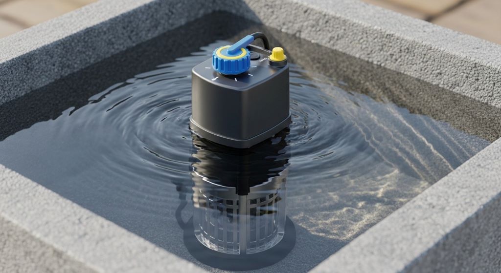 Submersible fountain pump with adjustable flow control positioned in decorative water basin with clear intake screen visible