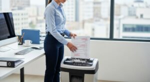 Office worker using cross-cut shredder to destroy confidential business documents according to DIN security standards