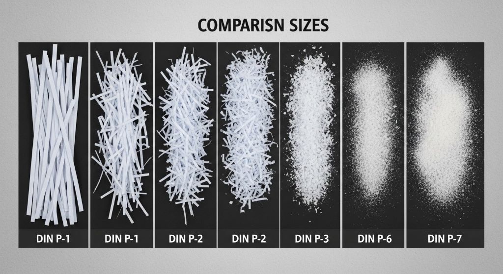Comparison chart showing different shredder particle sizes from DIN P-1 through P-7 security classifications