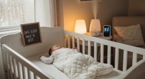 Baby sleeping safely in winter wearing sleep sack