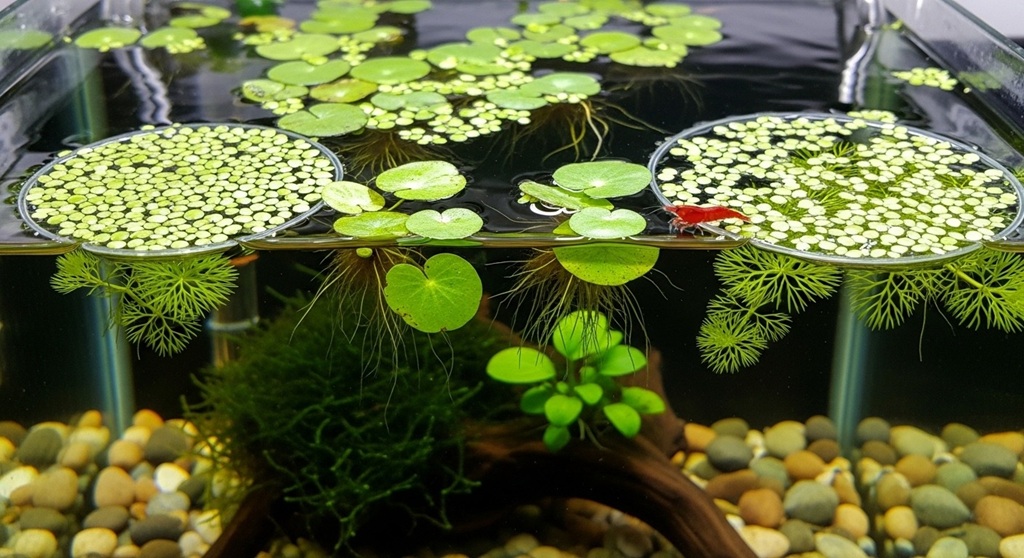 Salvinia minima growing in a 10-gallon nano tank