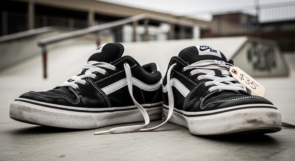 Close-up of durable skate shoe toe cap with double stitching