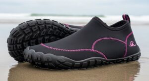 Women's surf water shoes with grippy sole and neoprene upper for beach protection
