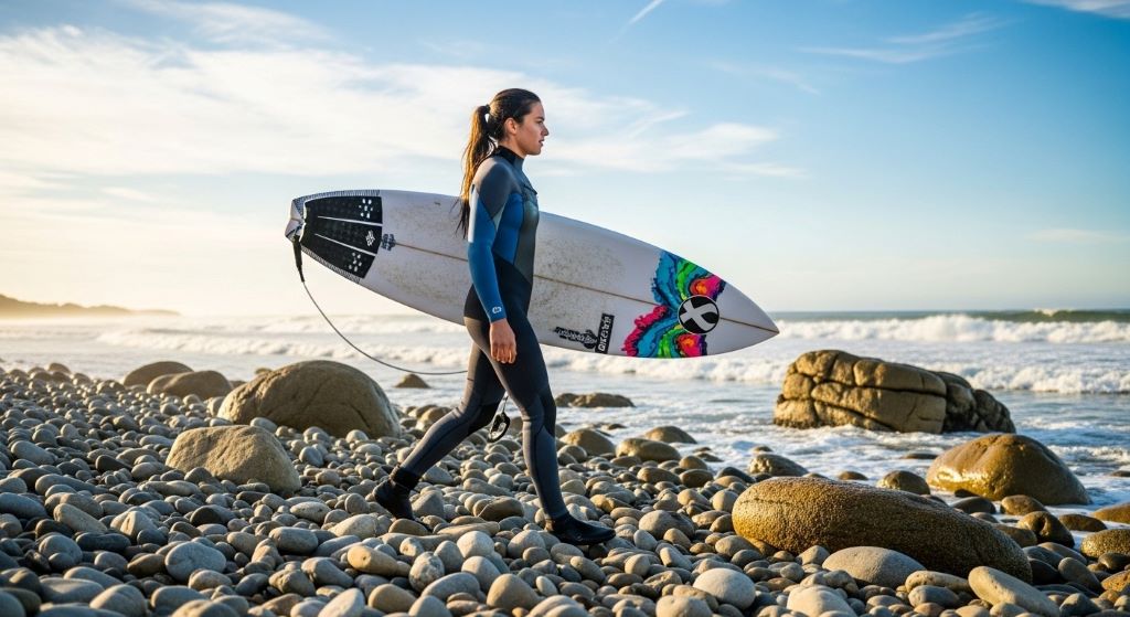 Female surfer wearing protective water footwear while carrying surfboard on rocky beach