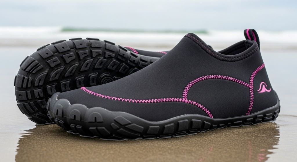 Women's surf water shoes with grippy sole and neoprene upper for beach protection