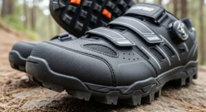 Durable budget mountain bike shoes with reinforced toe box and aggressive tread pattern