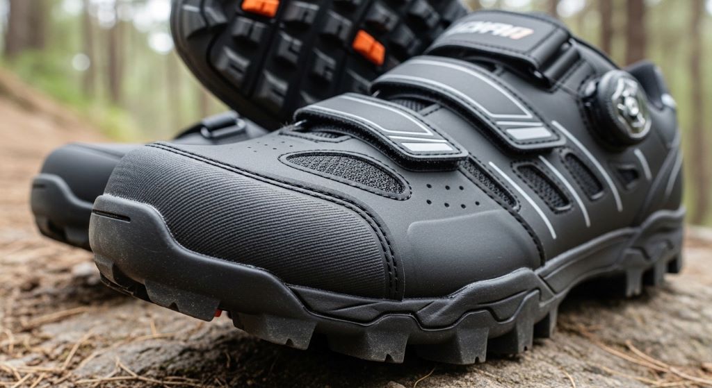 Durable budget mountain bike shoes with reinforced toe box and aggressive tread pattern