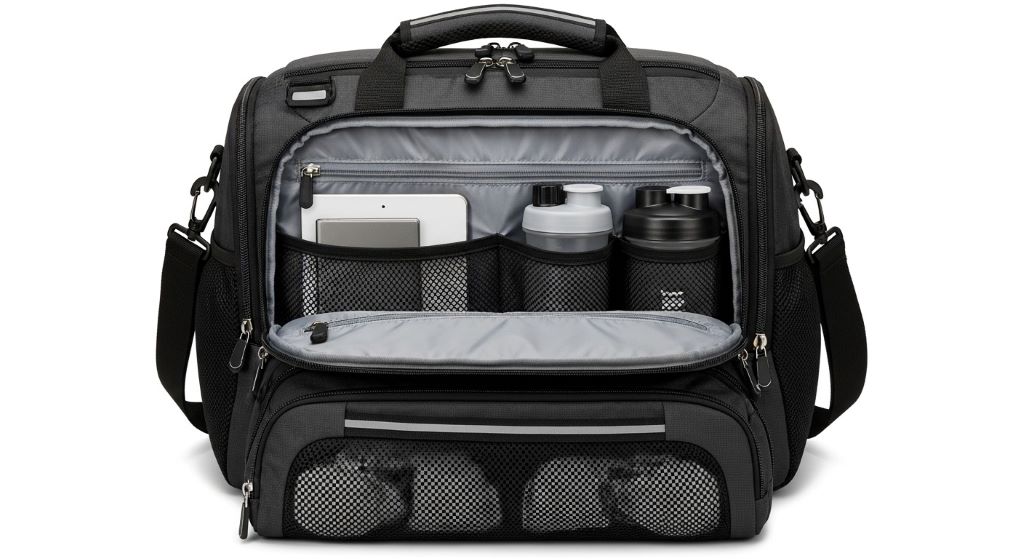 Modern gym bag with separate ventilated shoe compartment and multiple organizational pockets for athletic gear