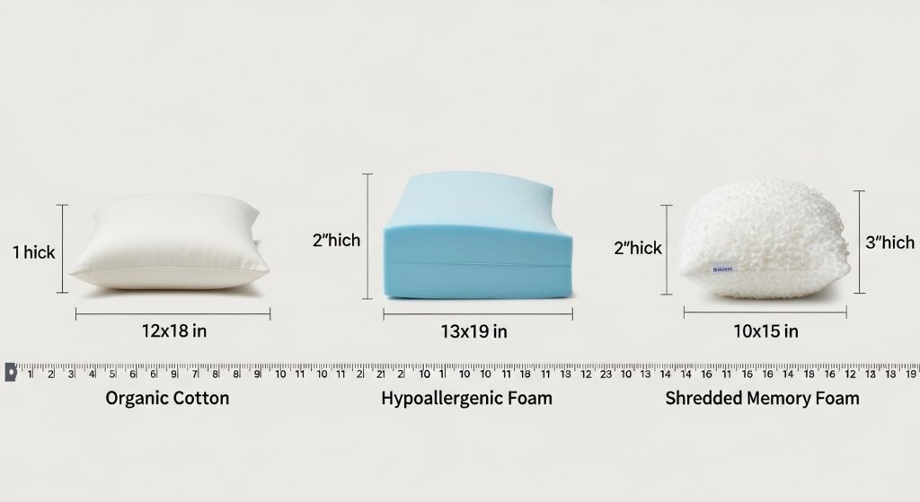 Comparison of different toddler pillow types showing size, thickness, and materials suitable for young children