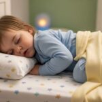 Small toddler sleeping peacefully on age-appropriate pillow in child-sized bed with proper neck alignment