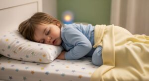 Small toddler sleeping peacefully on age-appropriate pillow in child-sized bed with proper neck alignment