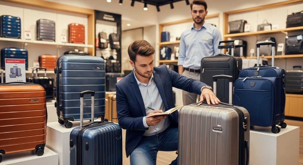 Traveler examining luggage quality and comparing different suitcase brands at store